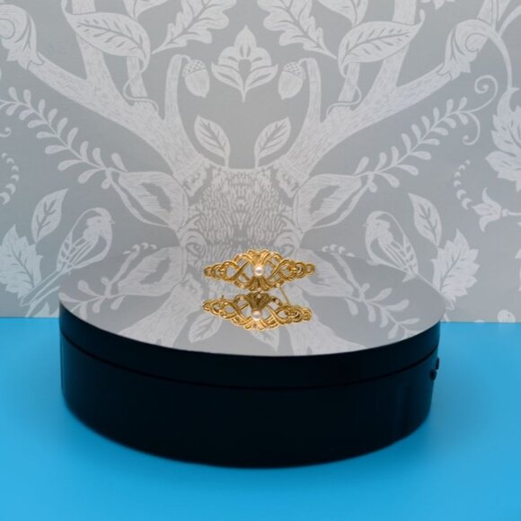 Pearl Accented Gold Filigree Brooch Pin Caroline C Estate Collection Piece - Picture 1 of 9